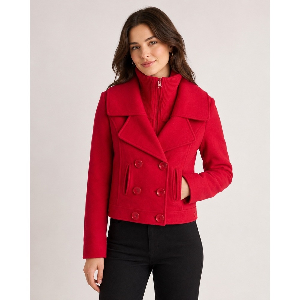 Route 66 Red Wool Blend Double Breasted Pea Coat Layered Knit Collar Large